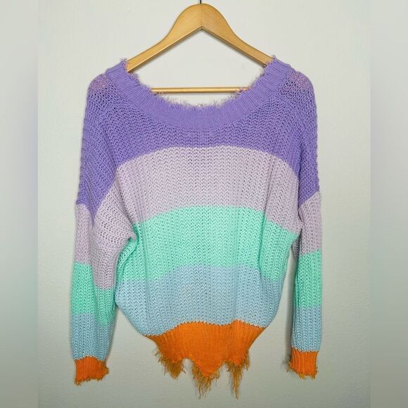 Fashion Nova Womens Colorblock Distressed Sweater Lavender Combo Small - Picture 4 of 6